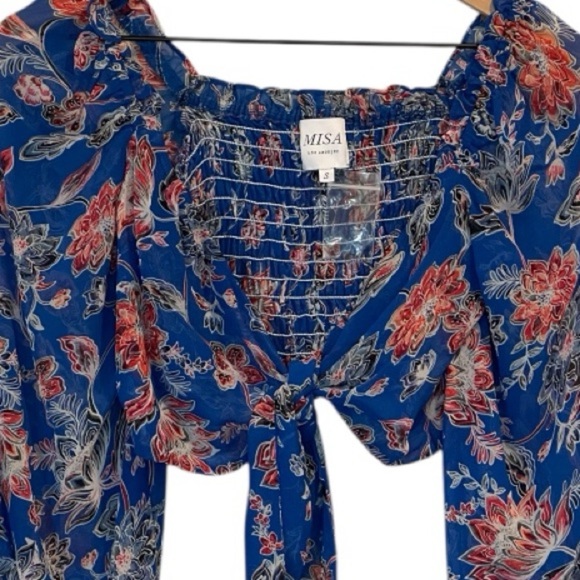 NWOT Misa Los Angeles Ancora Floral Tie Crop Top, Red, White, Blue, Sheer, Small - Picture 13 of 16